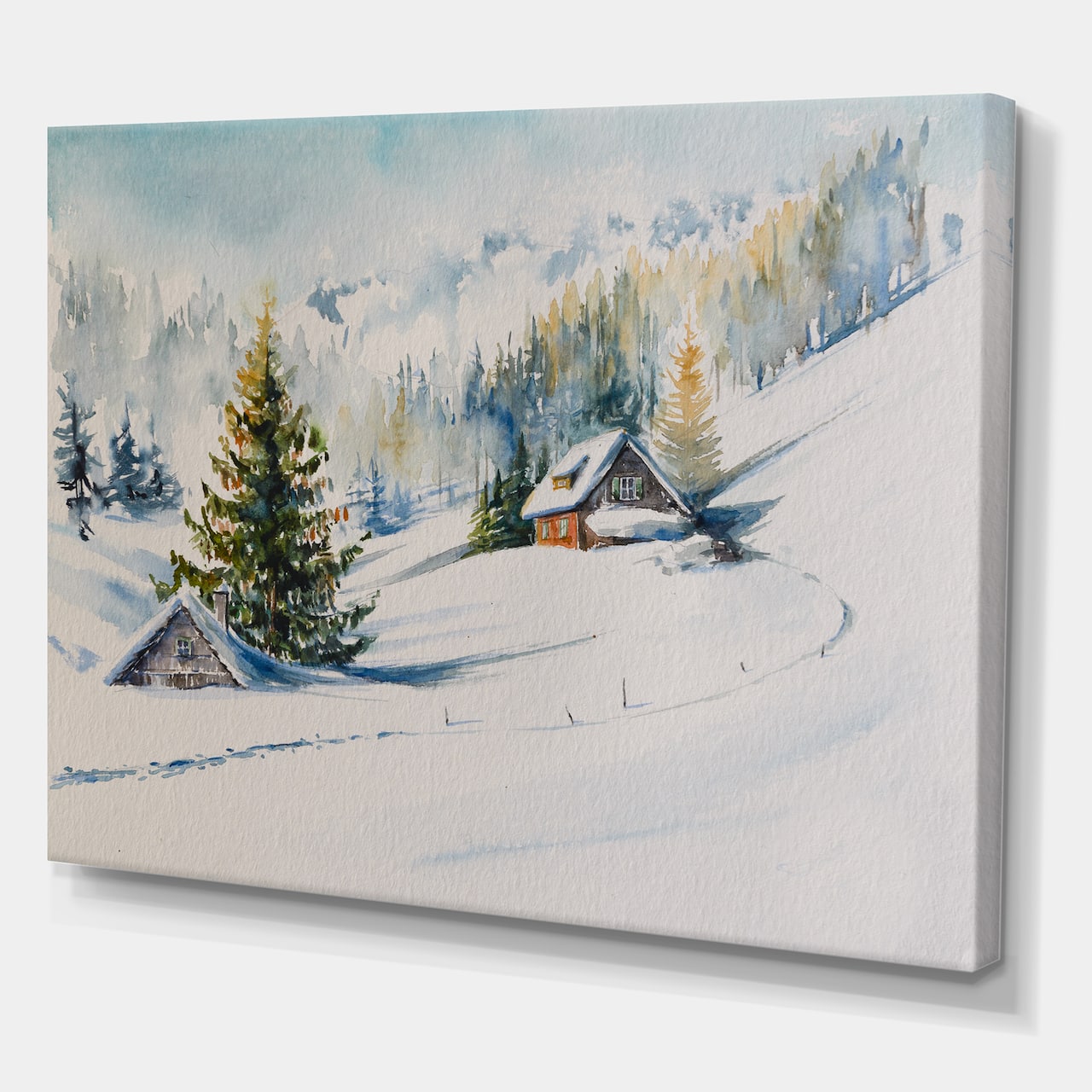 Designart - Little House In The Winter Mountains - Traditional Canvas Wall Art Print